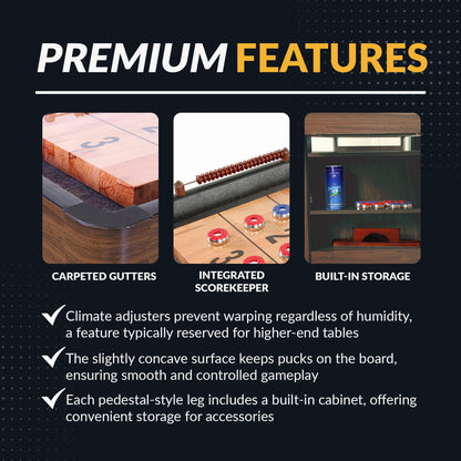 Hathaway Challenger 14 Ft Shuffleboard Table for Family Arcade Game Room - With Poly-Coated Playfield, Built-In Scorer & Cabinet, Climate Adjusters, Leg Levelers, 8 Pucks, Brush & Wax - Walnut Finish