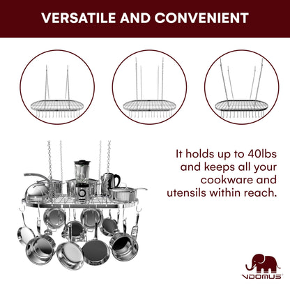 Vdomus Hanging Pot Rack - Ceiling Mount Kitchen Organizer for Pots and Pans with 15 Hooks - 33 x 17 Inches Heavy-Duty, Durable and Space-Saving Pan Holder - Silver