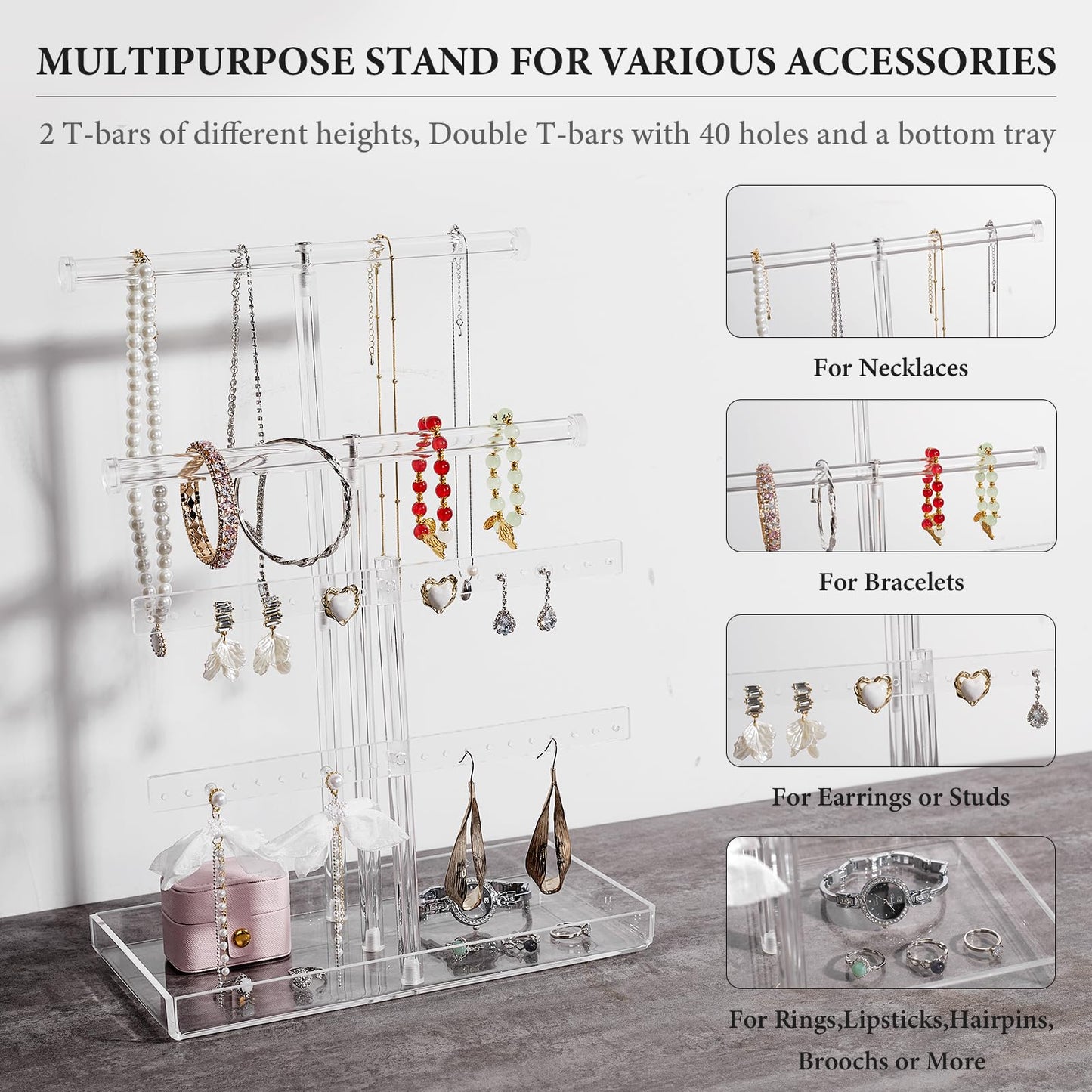 Acrylic Jewelry Organizer Stand with Tray, 4-Tier 14" Tall Tangle-Free Clear Jewelry Display Holder for Hanging Long Necklaces & Bracelets, 40 Earring Holes, Tower Tray Storage for Rings Watch Perfum