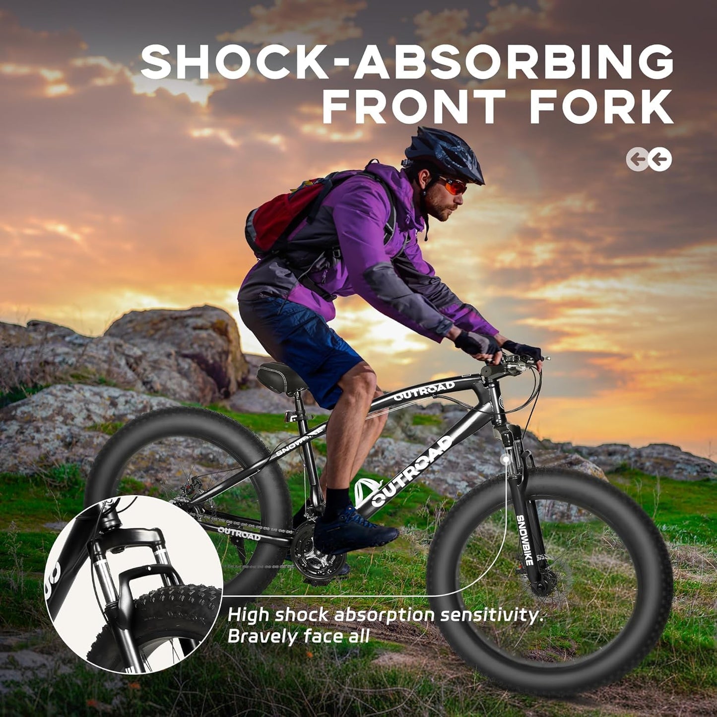 Outroad Mountain Bike Fat Tire with 4-Inch Tire 26 inch Wheels, 21 Speed with High Carbon Steel Frame, Double Disc Brake and Front Suspension Anti-Slip Bikes for Men and Women, Black