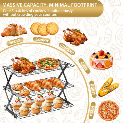 3-Tier Stackable Cooling Rack for Baking, Collapsible Wire Cookie Rack with Adjustable Heights, Non-Stick Roasting & Drying Rack for Cupcakes, Pies and Pastries, Space-Saving Kitchen Essential
