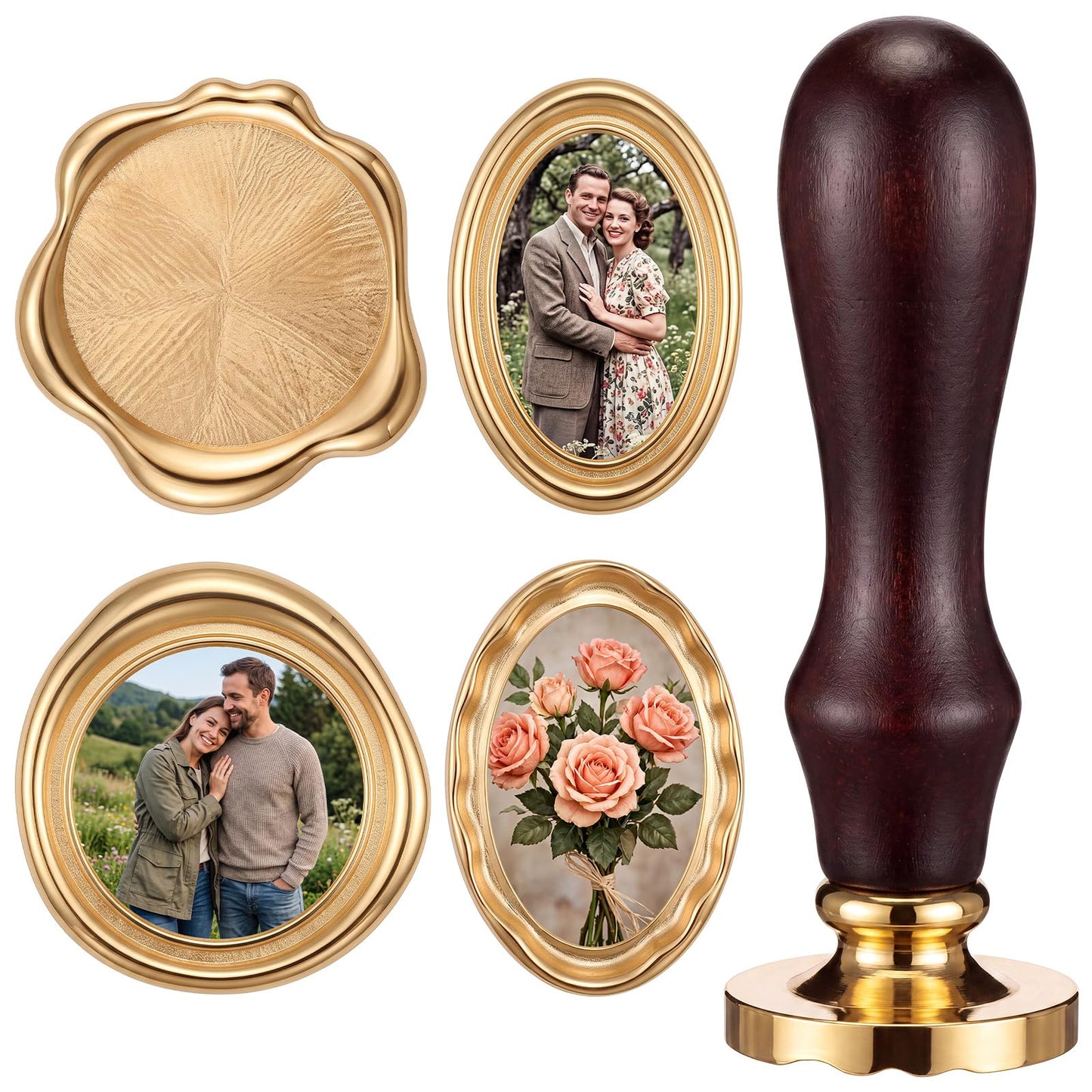 Jetec 4 Pcs Minimal Frame Wax Seal Stamp Kit, Brass Heads Beechwood Handle with Brass Round and Oval Design for Wedding Invitations Envelope Sealing Gift Wrapping DIY Crafts