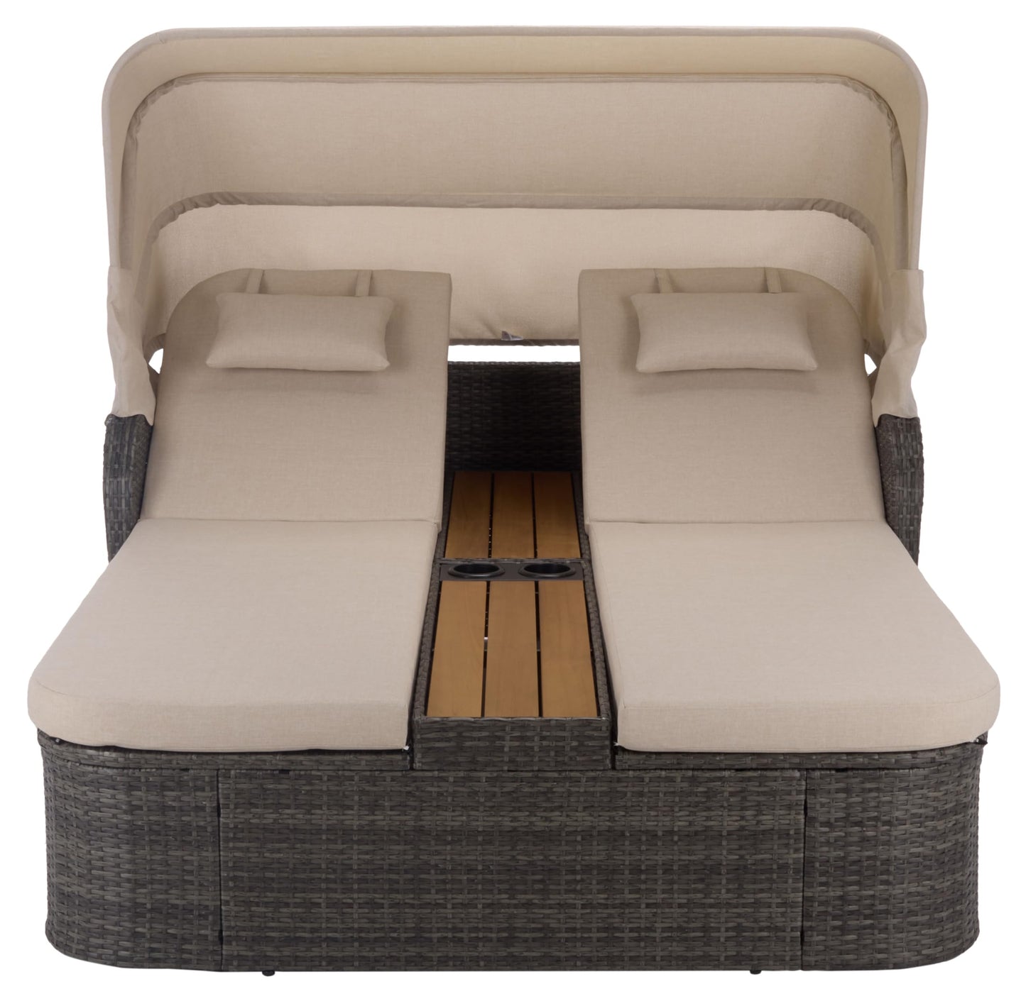 SAFAVIEH Outdoor - Victoria Grey Brown & Taupe Double Daybed, Rattan Canopy Lounger with Reversible Cushions, Cup Holders, Patio Furniture for Deck, Backyard, Poolside (PAT7759A)