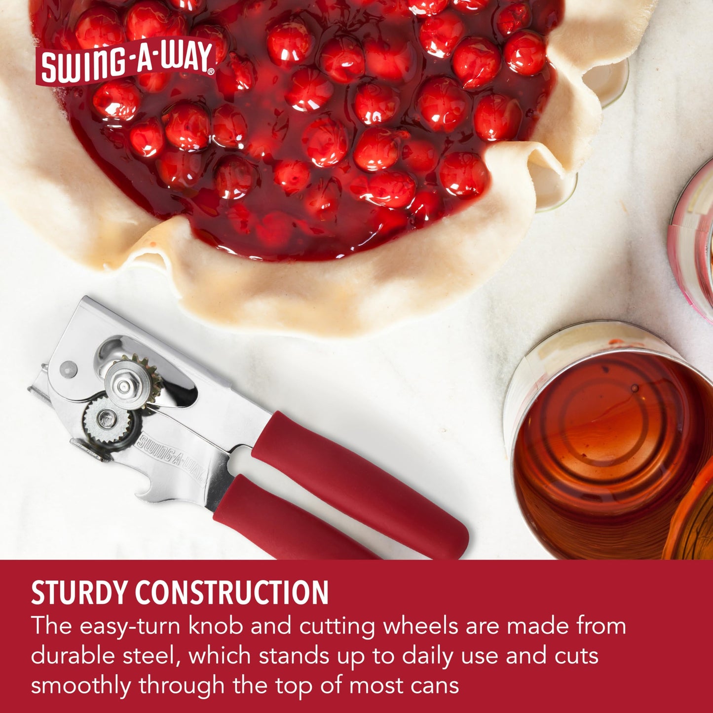 Swing-A-Way Portable Can Opener with Sharp Blade, Manual Hand Held, 2-in-1 Can and Bottle Opener, Made of Steel, Easy Turn Knob, Basic Kitchen Essentials (Red)