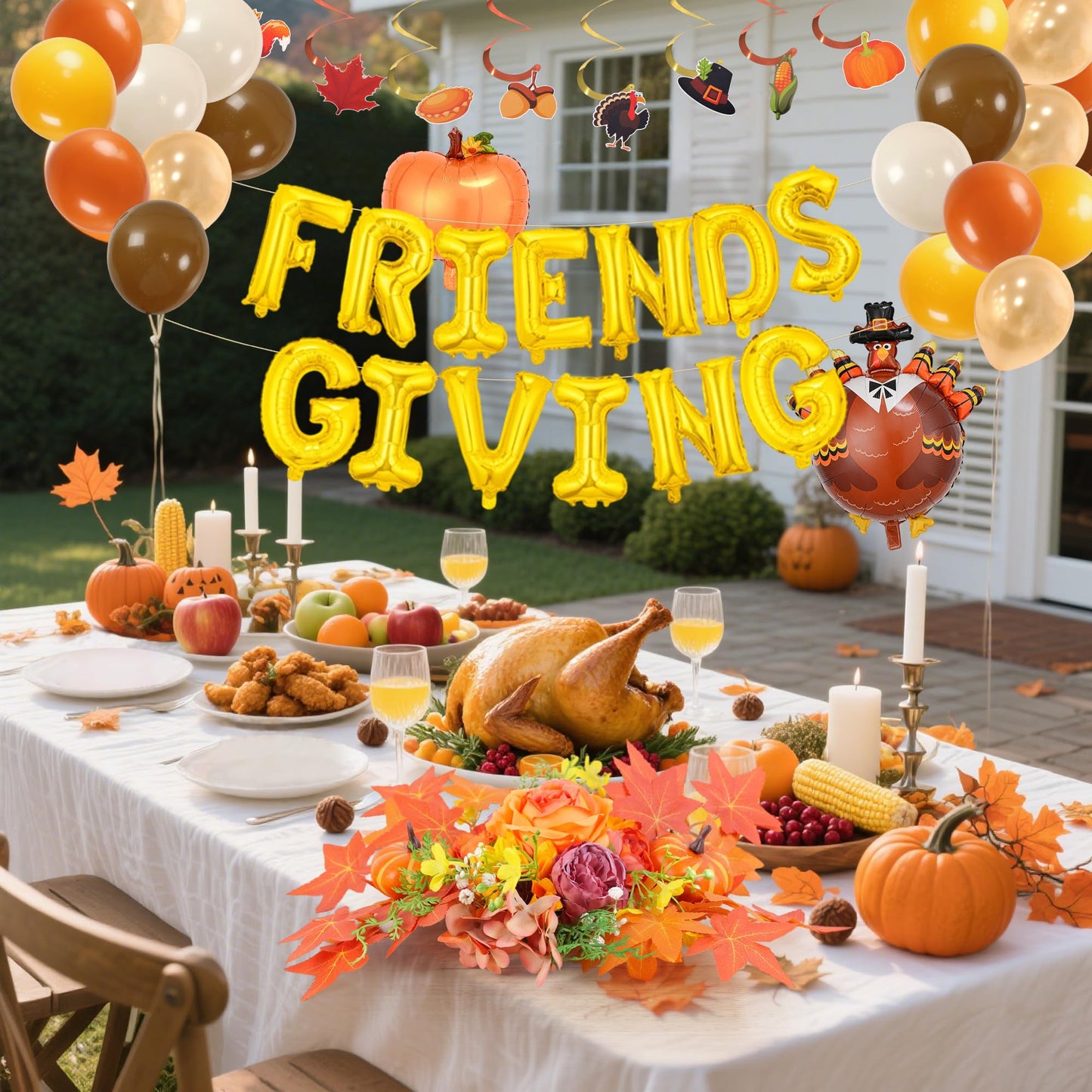 Party to Be Thanksgiving Decorations Set of 38 Pieces Friendsgiving Balloon Banner, Hanging Swirls, Pumpkin and Turkey Balloon Kit, Artificial Flower Dinner Table Centerpiece Fall