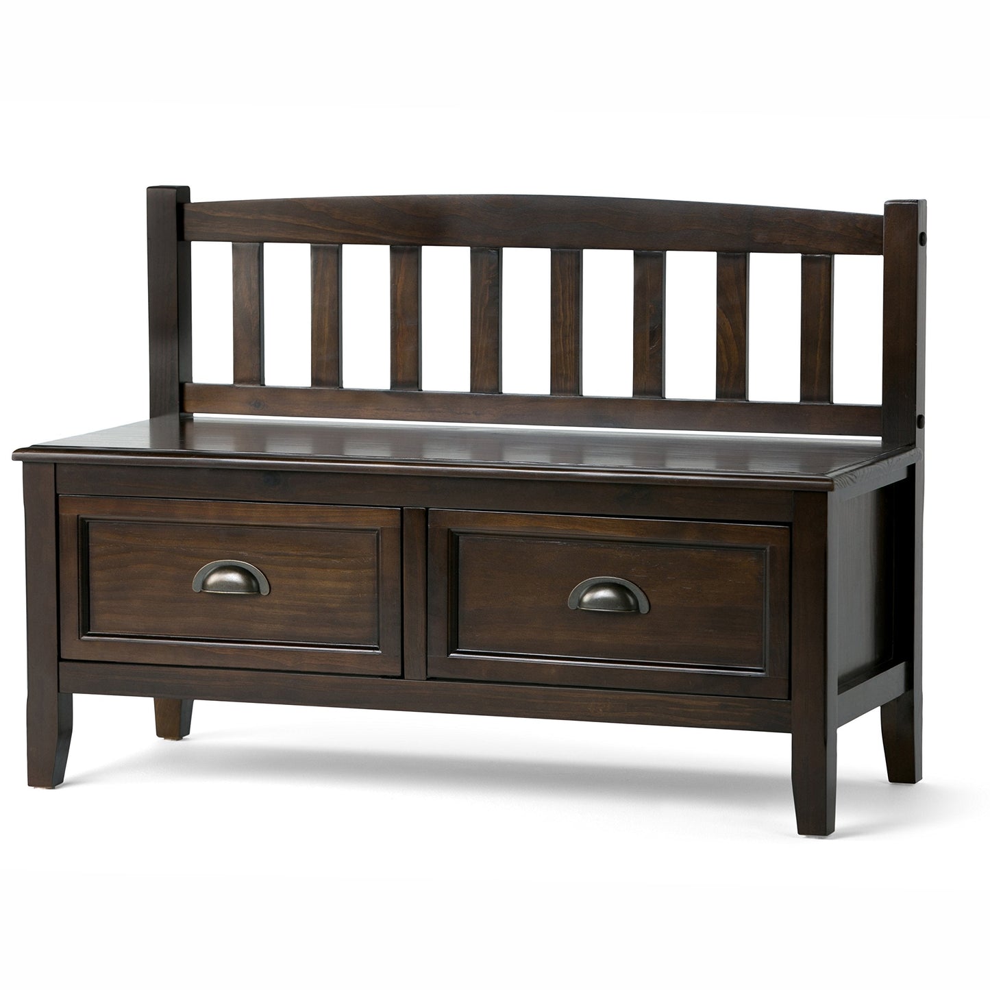 SIMPLIHOME Burlington Entryway Storage Bench - 42 inch Wide Solid Wood Storage Seat with Drawers in Mahogany Brown, Transitional Bench for Entryway or Living Room with Bronze Handles and Tapered Legs