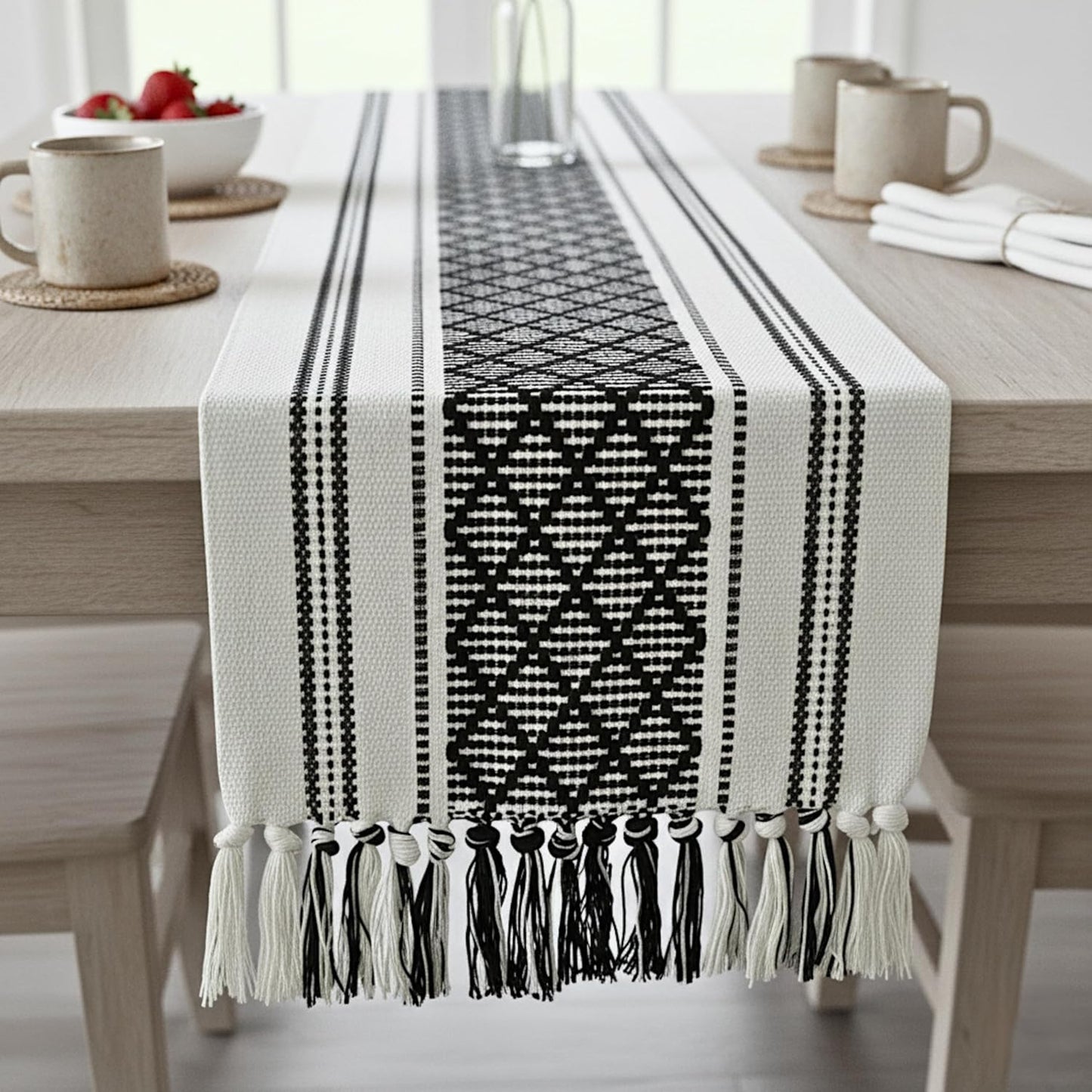 14 72 Inches, Boho Table Runner with Tassel x Black & Cream Cotton Woven Washable Dresser Scarf Top Cover for Furniture