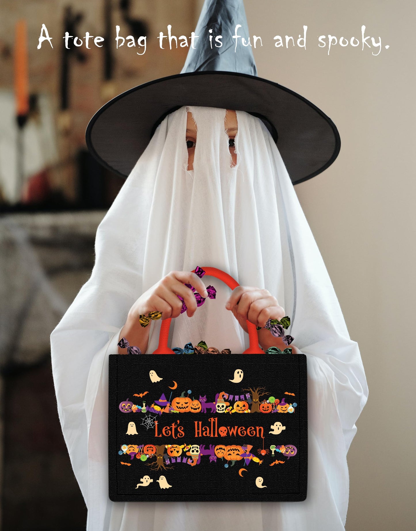 Let's Tote Halloween Canvas Candy Tote Bag With Handle, Ghosts Glow In The Dark, Great Pumpkin Halloween Party Gift. Reusable Bag for Trick or Treat, Candy Bucket. (Large 1-Pack)