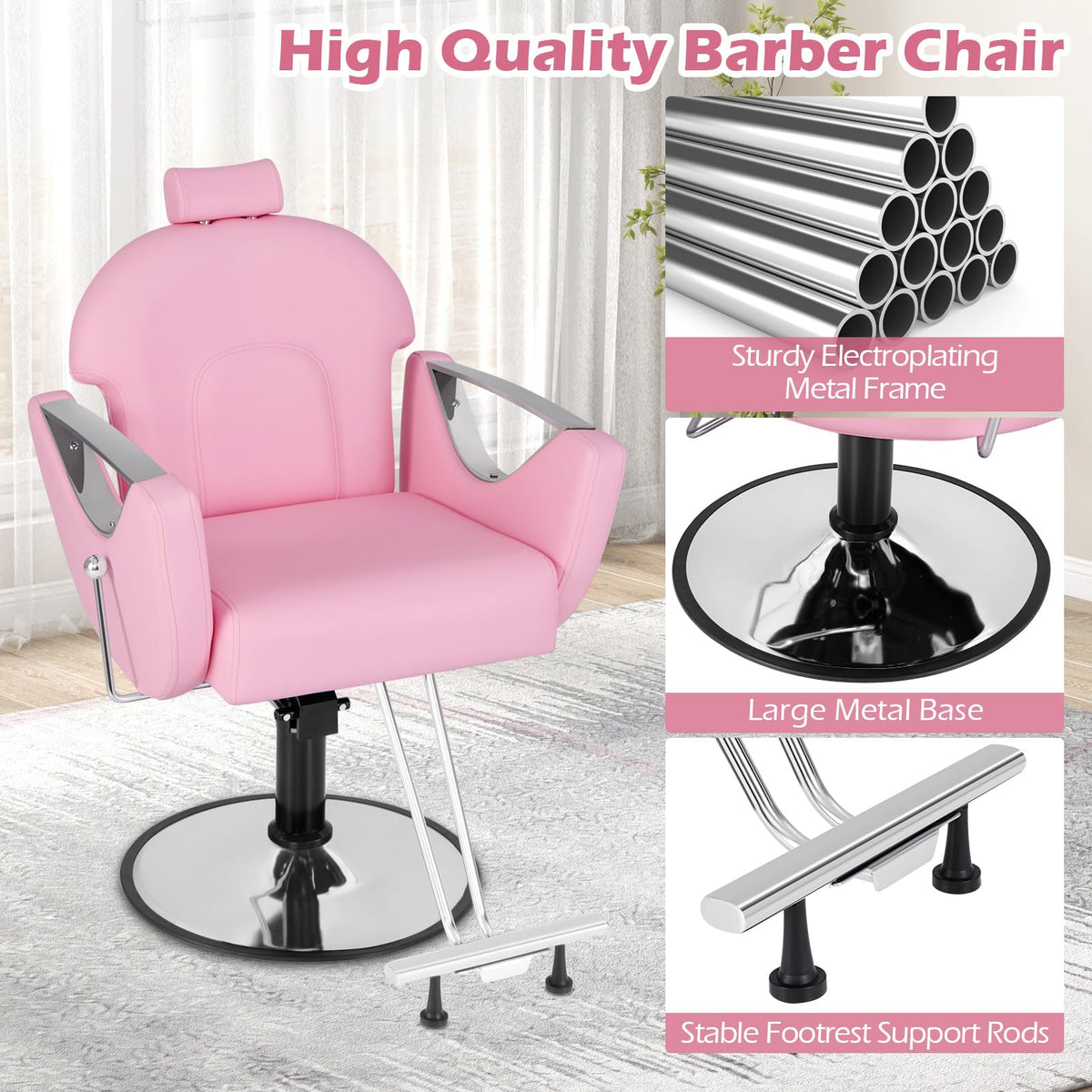 Giantex Reclining Barber Chair - Salon Chair for Hair Stylist, 360 Degrees Swivel, Adjustable Height & Headrest, Heavy Duty Hydraulic Pump, Hair Styling Chair for Makeup Facial Waxing Tattoo (Pink)