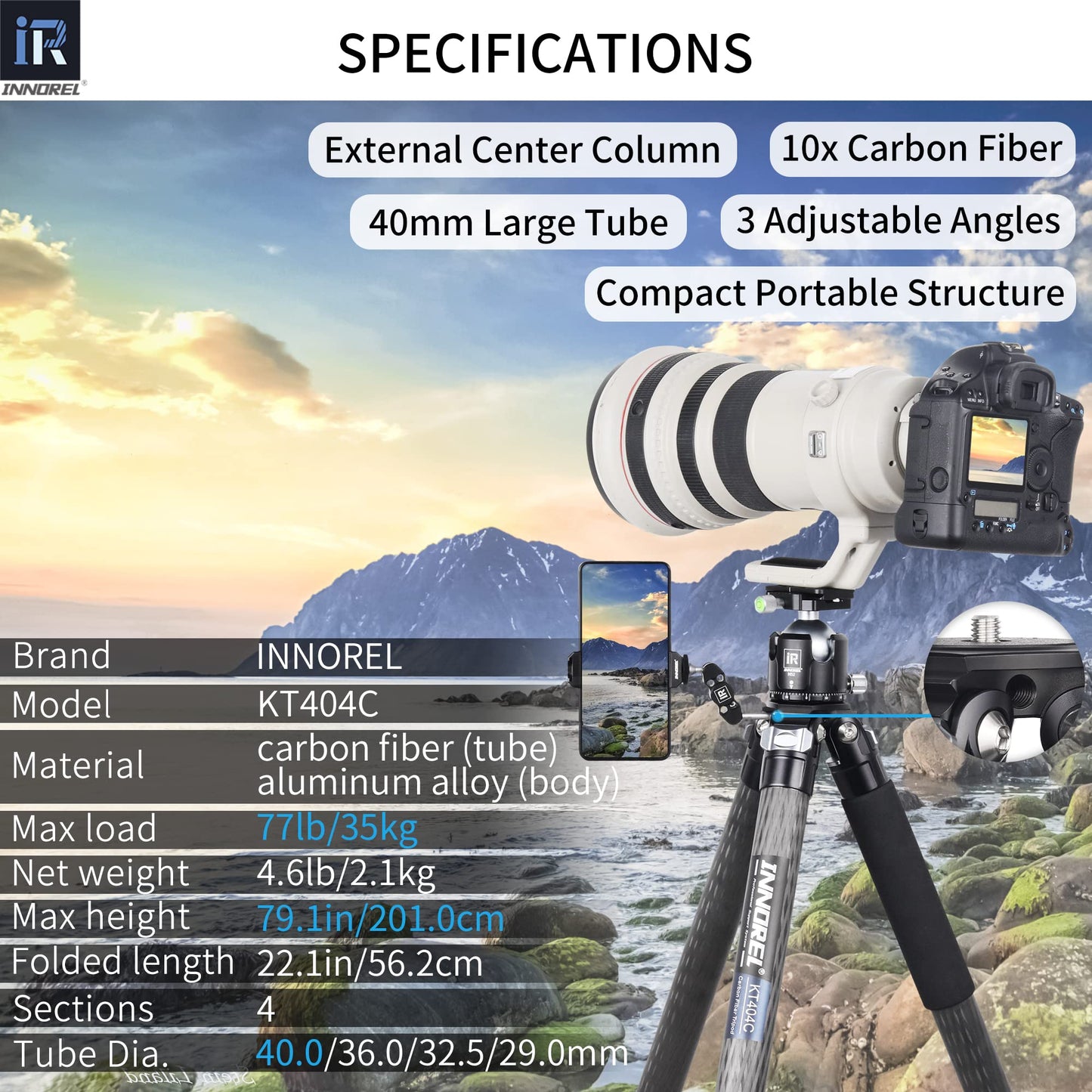 INNOREL KT404C Compact 10-Layer Carbon Fiber Camera Tripod 40mm Big Tube Professional Tripod for Digital DSLR Video Camcorder Heavy Duty Camera Stand Load 77lb/35kg with Center Column