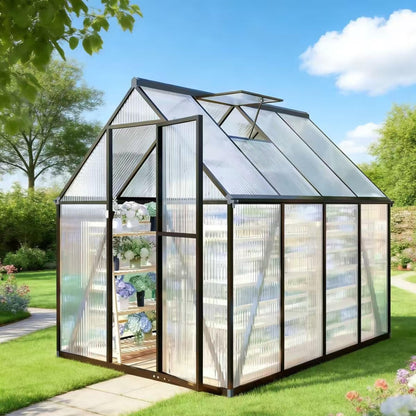 6x8 FT Greenhouse for Outdoors, Polycarbonate Greenhouse with Quick Setup Structure and Roof Vent, Aluminum Large Walk-in Green House for Outside Garden Backyard, Charcoal Black