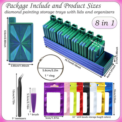 Diamond Art Trays with Lids, Diamond Painting Trays with Storage Organizers Case, 8 Pack Beads Rhinestone Tray Set with Tweezers, Brush, 32pcs Ziplock Pouches Bags for Diamond Art Tool (Blue Green)