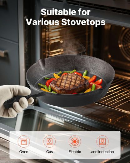 VEVOR Cast Iron Skillet, 3-Piece Frying Pan Set (6, 8, 10 in), Heavy-Duty Skillets with Heat-Resistant Handle, Pre-Seasoned Chef's Pan, Kitchen Cookware, for Oven, Gas, Electrical, Induction, Black