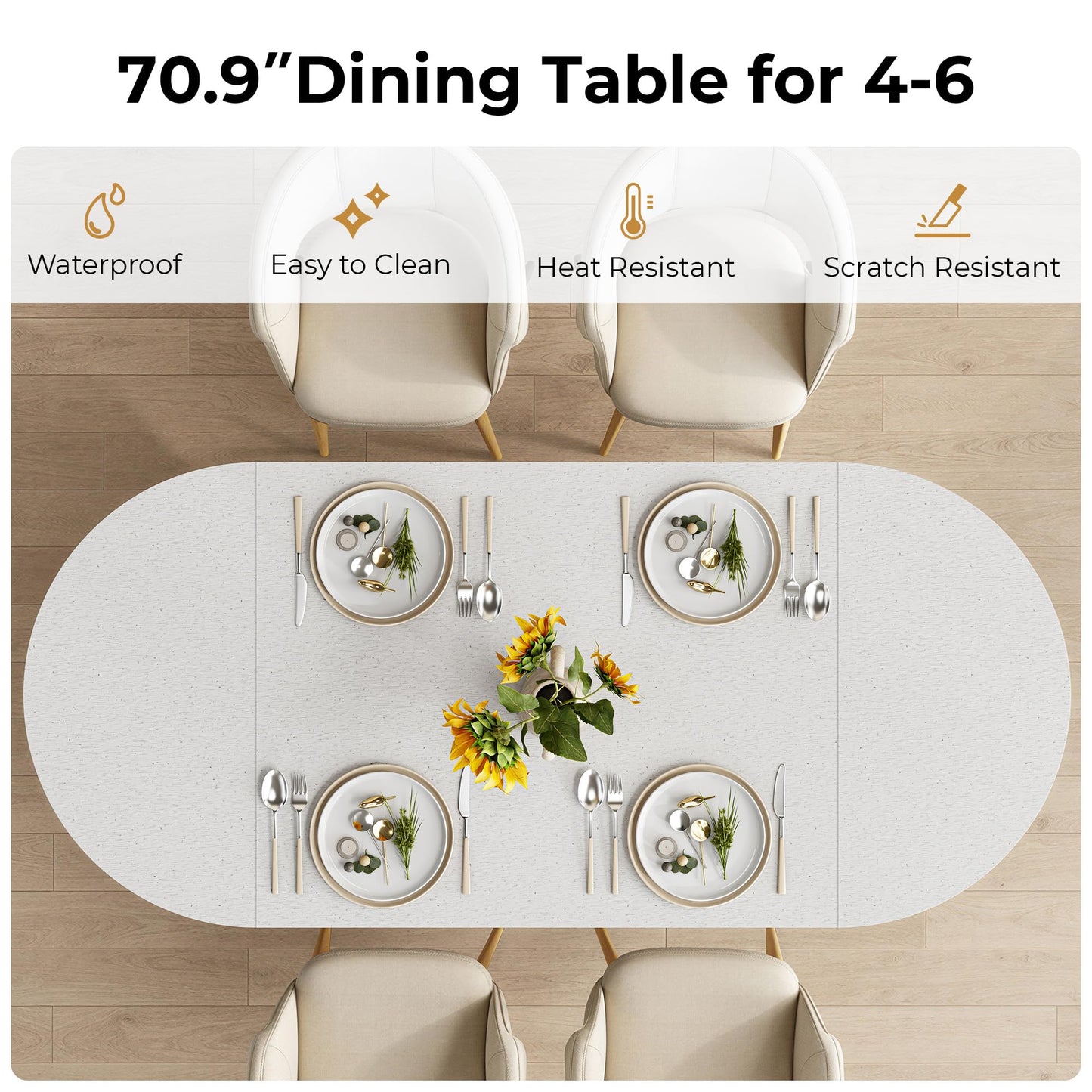 IRONCK 71" Oval Dining Table for 4-6 with Hidden Storage, Modern Farmhouse Kitchen Table with Fluted Semi-Cylindrical Legs, Faux Quartz Top for Dining Room, Kitchen, Living Room & Home Office (Oak)
