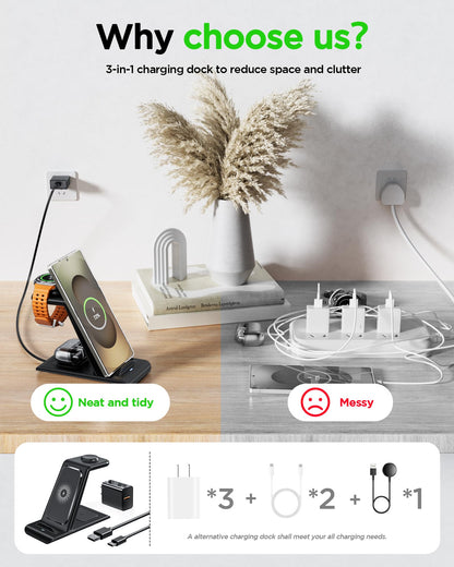Wireless Charging Station for Samsung Wireless Charger Galaxy Watch 8/7/6/5/4/3 Active 2/1 Stand Galaxy S25 Ultra/S25/S24/S23/S22/S21/Note20/10 Z Fold Flip 7 Galaxy Buds3/2 Pro/Live Multiple Devices