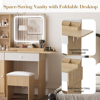 GarveeHome Foldable Makeup Vanity with Lighted Mirror, Vanity Desk with Power Strip, Adjustable Lighting, Drawers and Cushioned Stool, Foldable Panel for Compact Space Bedroom, Natural