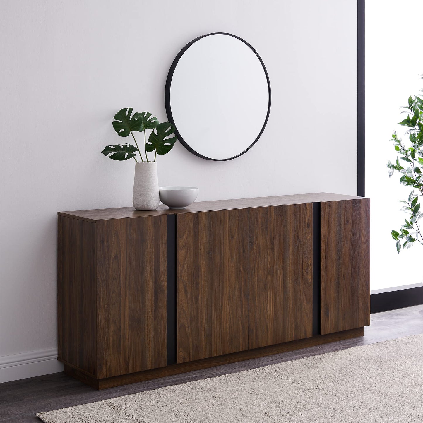 Walker Edison Liss Contemporary 4-Door Minimalist Sideboard 70 Inch Dark Walnut
