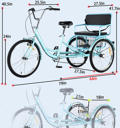 DONGSHAN Tricycle Adult Folding Bicycle Comfortable seat 3 Wheel Bicycle Rear Enlarged Vegetable Basket Double Chain 20/24in for Parents and Children Maximum Load 440lbs 7speed (24in-Blue)