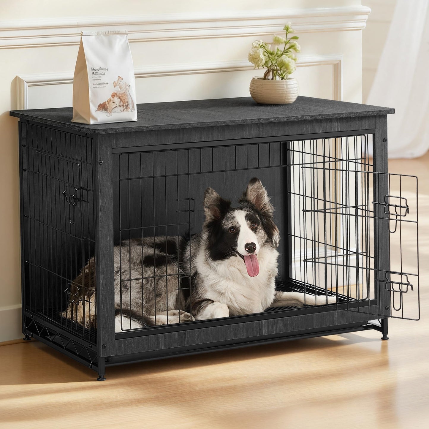 Feandrea 56.1" Dog Crate Furniture, Indoor Dog Cage Side End Table, XXL Pet Wood Kennel for Large and Medium Dogs up to 105 lb with Multi-Purpose Removable Tray, Double-Door Pet House, Ink Black