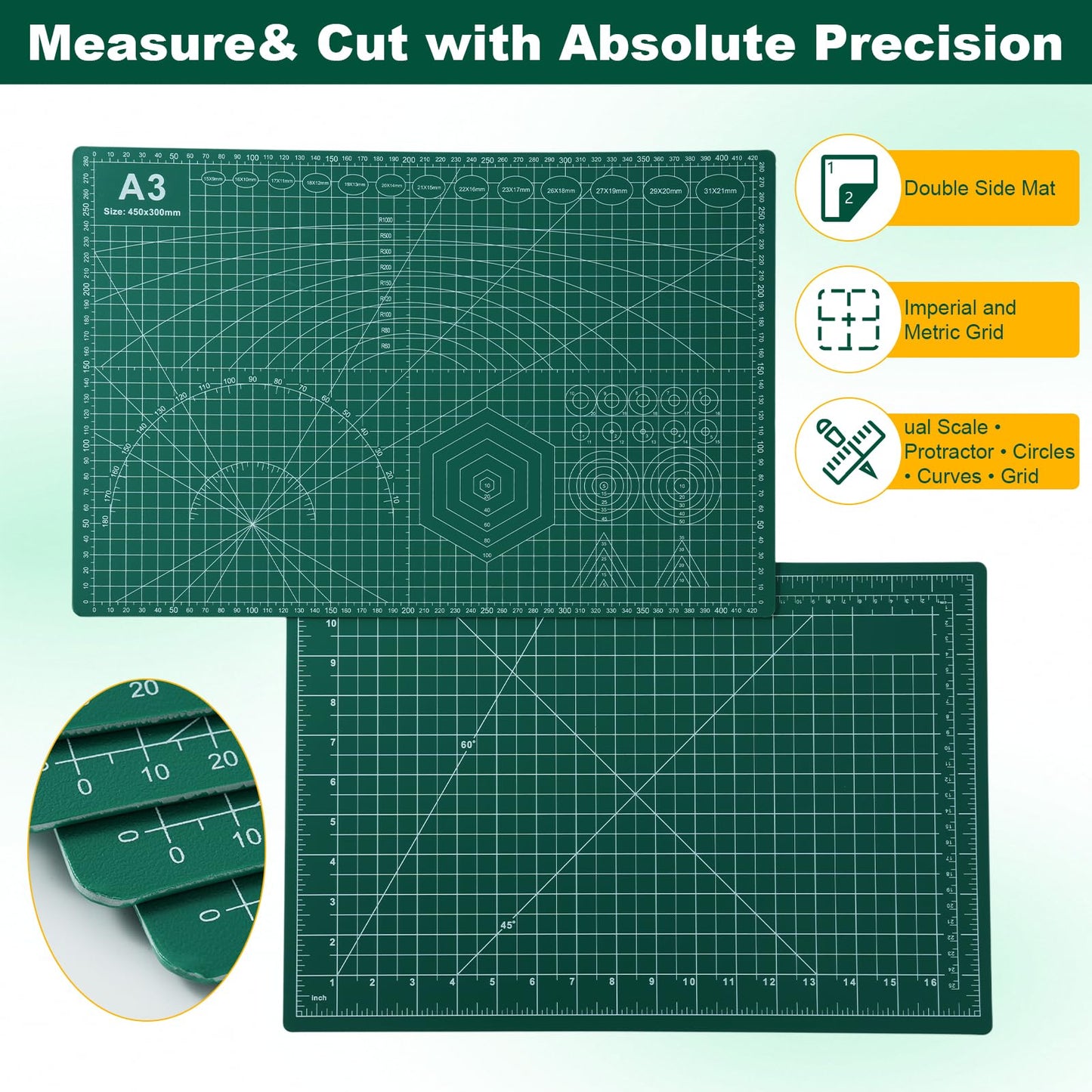 A3 Self Healing Cutting Mat Set, 5 Pack Double-Sided PVC Cutting Mats for Crafts with Inch, Metric, and Angle Guides for Sewing, Quilting, and DIY Cutting