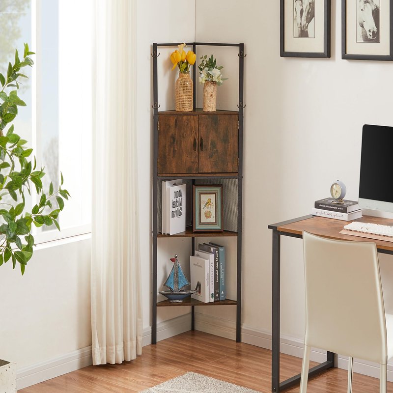 VECELO 4 Tier Corner Cabinet, 59" Tall Standing Organizer with 4 Dual-Hooks, Storage Rack, Narrow Bookshelf Display Shelves Rack for Wall Corner, Living Room, Kitchen, Bedroom, Office, Retro Brown