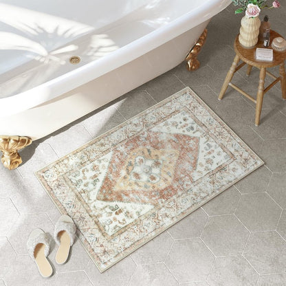 Uphome Boho Bathroom Rug Oriental Tribal Bath Mat Khaki Soft Shaggy Non-Slip Bathroom Mat Machine Washable Vintage Distressed Toilet Rug for Shower Sink Bathtub, 20x32 inch