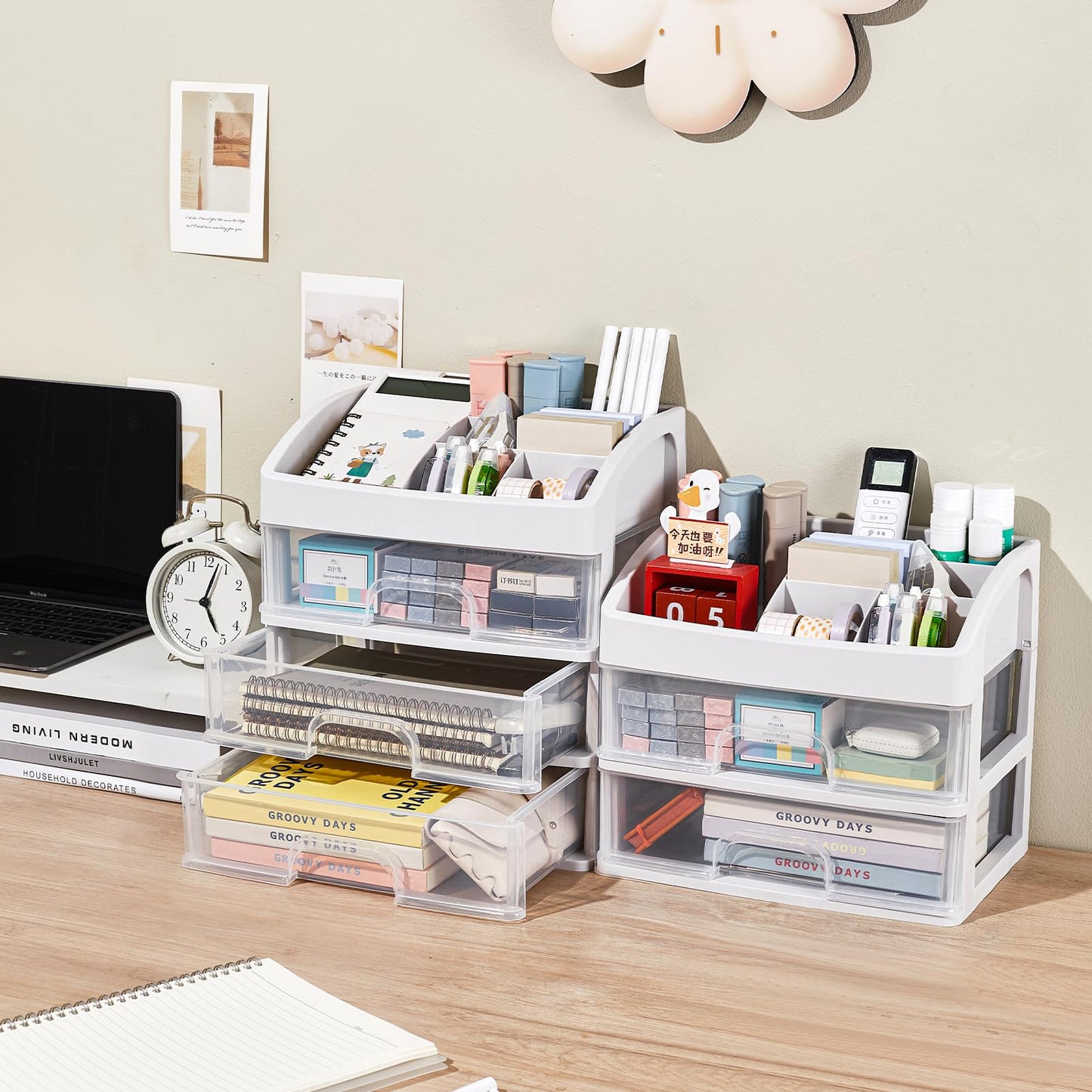 Desk Organizer with 4 Drawer Storage, Desktop Drawers Organizer for Office/School Supplies, Plastic Stationary Makeup Organizer, Desk Storage Box Organizer for Office, School, Bathroom