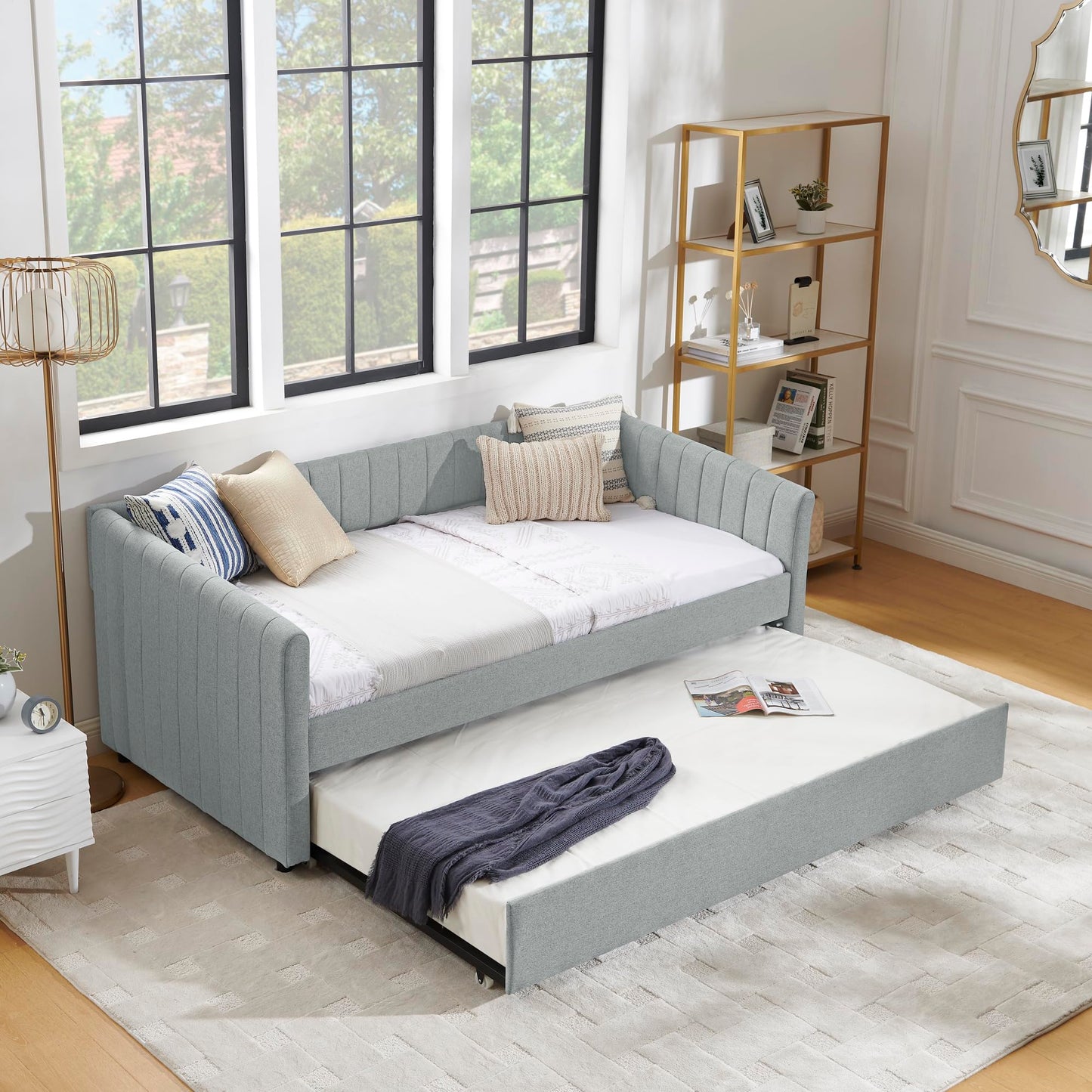 KEIKI Twin Size Upholstery Daybed with Erectable Trundle and Vertical Stripes, Twin to King Design Extendable Linen Sofa Bed, Easy Assembly, No Box Spring Required, for Living Room and Bedroom, Grey