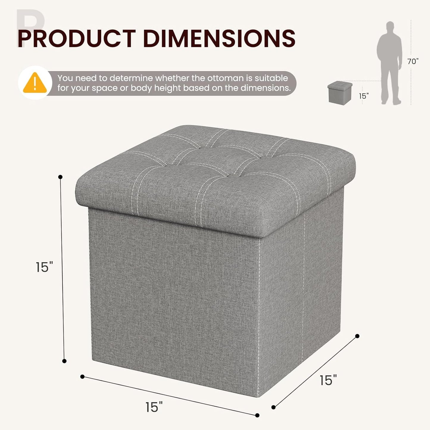 15 inches 300lbs, YOUDENOVA Storage Ottoman Cube, Foldable Storage Boxes, Padded Seat for Dorm Living Room, Support