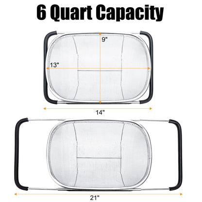 Suwimut 2 Pack Over the Sink Oval Colander for Kitchen, Stainless Steel Fine Mesh 6 Quart Strainer Basket with Expandable Rubber Grip Handles for Straining, Draining, Rinsing Fruits, Vegetables