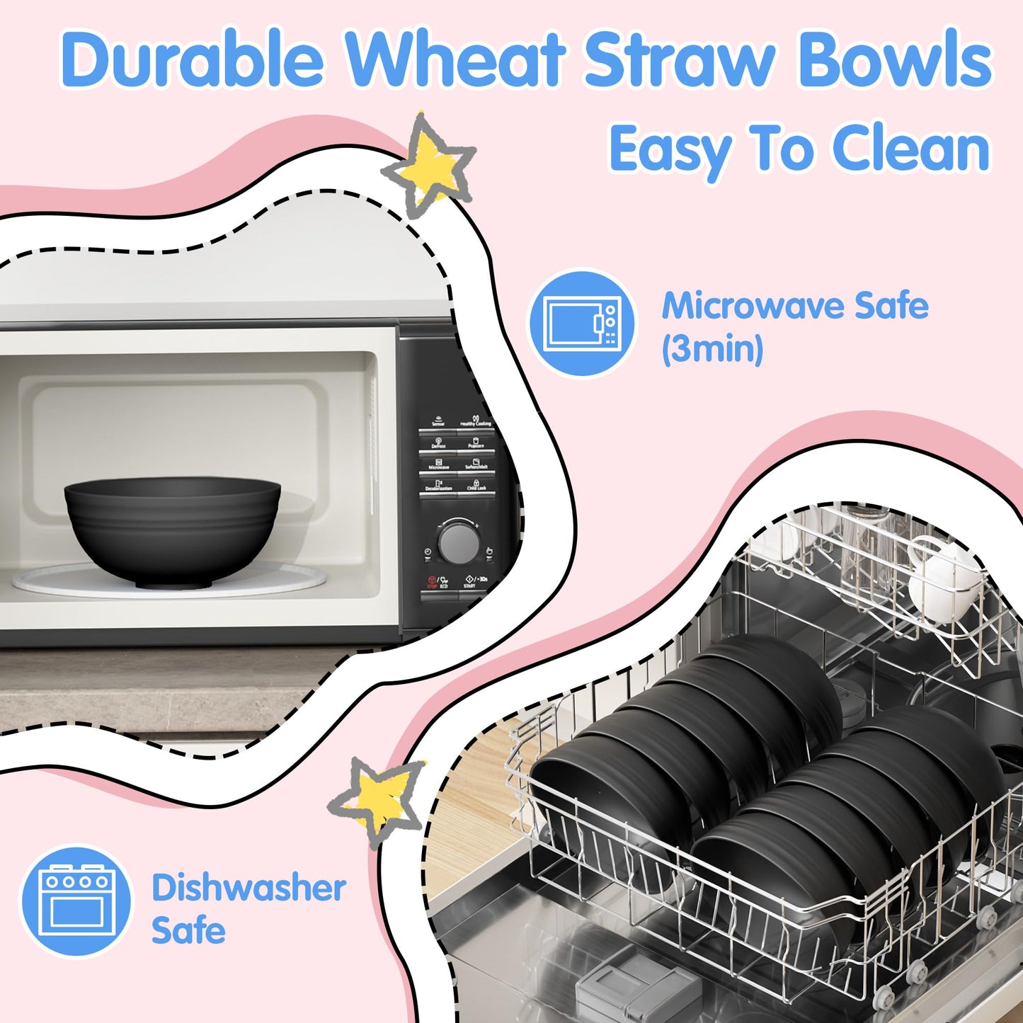 Quatish 10 PCS Unbreakable Cereal Bowls,Dishwasher & Microwave Safe Wheat Straw Bowls, Easy-to-Clean Lightweight Desserts & Soup Bowl, Portable for Picnics ，Snack Plastic Bowls Set,Black
