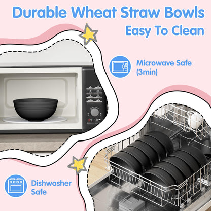 Quatish 10 PCS Unbreakable Cereal Bowls,Dishwasher & Microwave Safe Wheat Straw Bowls, Easy-to-Clean Lightweight Desserts & Soup Bowl, Portable for Picnics ，Snack Plastic Bowls Set,Black