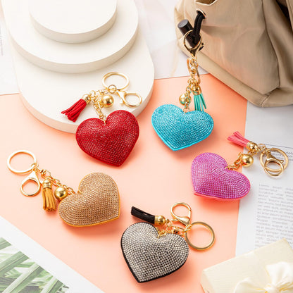 10 PCS Glitter Crystal Heart Rhinestone Keychain, Heart Shape Rhinestone Tassel Keychains for Handbags, Bling Key Chain for Women and Girls