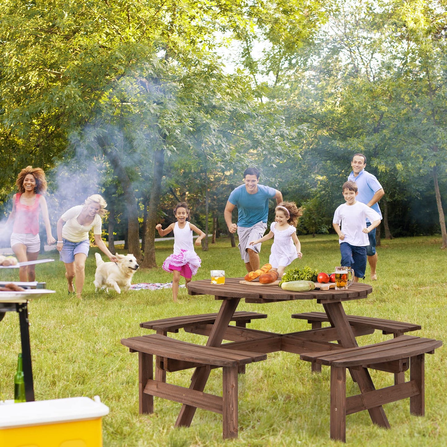 Tangkula 8 Person Wood Picnic Table, Outdoor Round Picnic Table with 4 Built-in Benches, Umbrella Hole, Outside Table and Bench Set for Garden, Backyard, Porch, Patio, 500lbs Capacity Per Bench