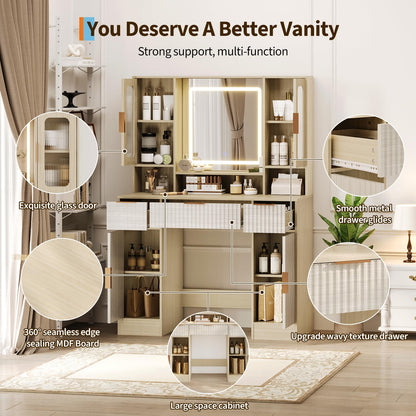Garvee Vanity Desk with Mirror and Light, Modern Makeup Dressing Table with Adjustable 3 Colors Light, Vanities for Bedroom with 2 Glass Cabinet, 2 Large Cabinet, 3 Drawers & Storage Shelves, Natural