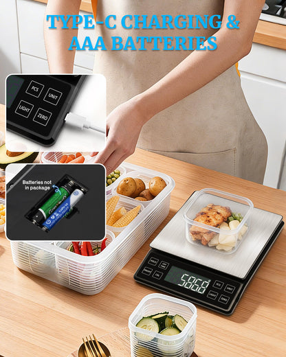 NEXT-SHINE Food Kitchen Scale 11lb, 0.1g/0.01oz Precise Graduation Rechargeable Digital Scale with Nine Units Large Tray Stainless Steel Platform LCD Display for Meal Prep Cooking Baking