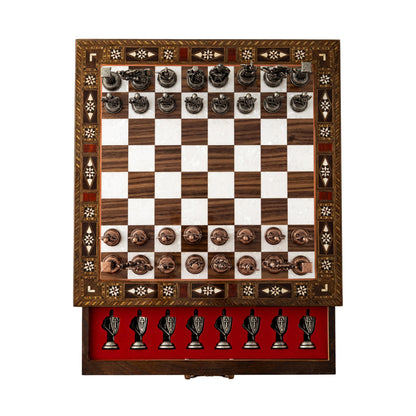 15’’ Handmade Walnut Wooden Chess Set – British Style Metal Chess Pieces – Luxury Storage Chess Board for Adults & Gift for Dad (Walnut)
