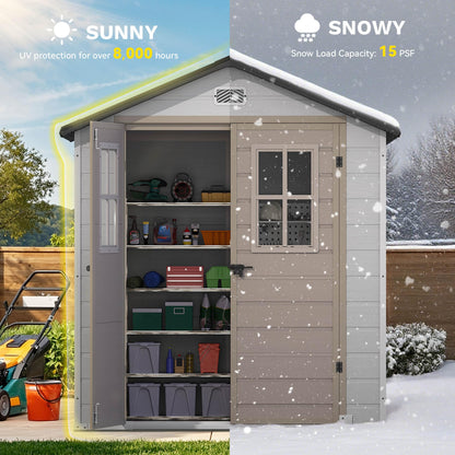 DWVO 6x4.4 FT Outdoor Storage Shed, Plastic Garden Tool Shed with 2 Windows, Double-Wall Outside Shed for Lawn Mower, Garden Shed for Backyard Patio, Lockable, Greige&Gray