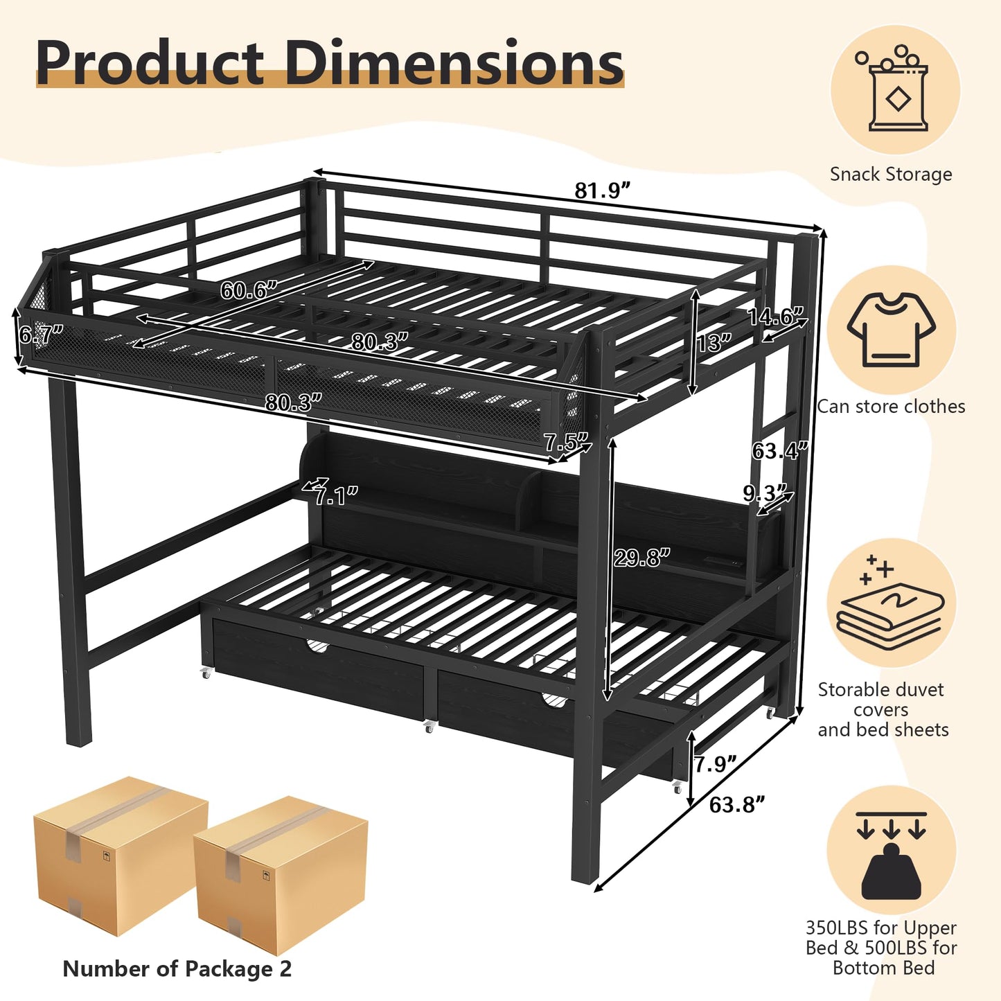 Queen over Queen Bunk Bed with Storage Drawers and Shelves, Metal Bunk Beds with Lights and USB Ports, Convertible Lower Bunkbed Queen for Guests, Bedroom, Dorms, Multi-function and Noise-free, Black