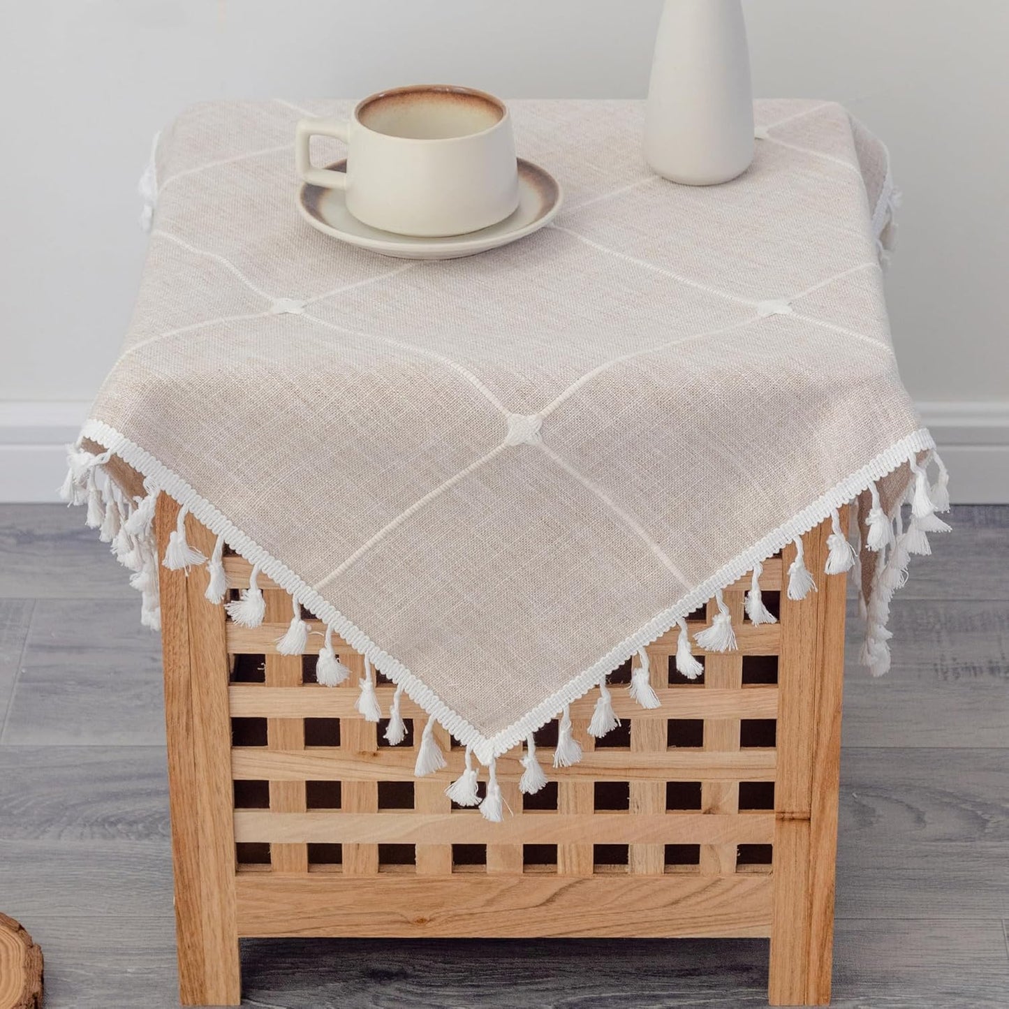 24x24 Inch Cotton Linen Small Square Tablecloth Boho Wrinkle Free Washable Plaid Table Cover with Tassels Brown
