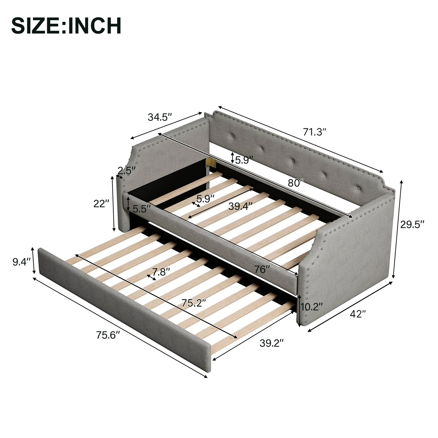 Twin Size Daybed with Trundle, Upholstered daybed with Button Tufted and Nailtrim on Arms, Sofa Bed Frame with Wood Slat Support, No Box Spring, for Living Room, Bedroom, Guest Room, Gray.