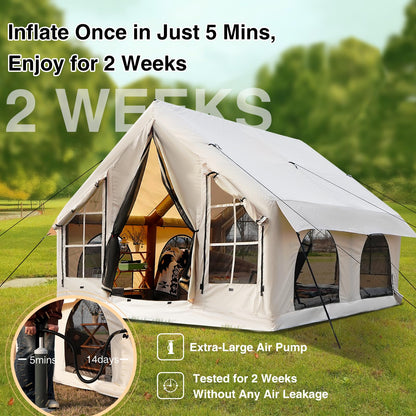 KNUO 2026 Upgraded Waterproof Inflatable Camping Tent for 5-8 People, Large Blow-Up Air Tent, No Assembly Needed Luxury Glamping House, 10x10ft Oxford Fabric, Beige