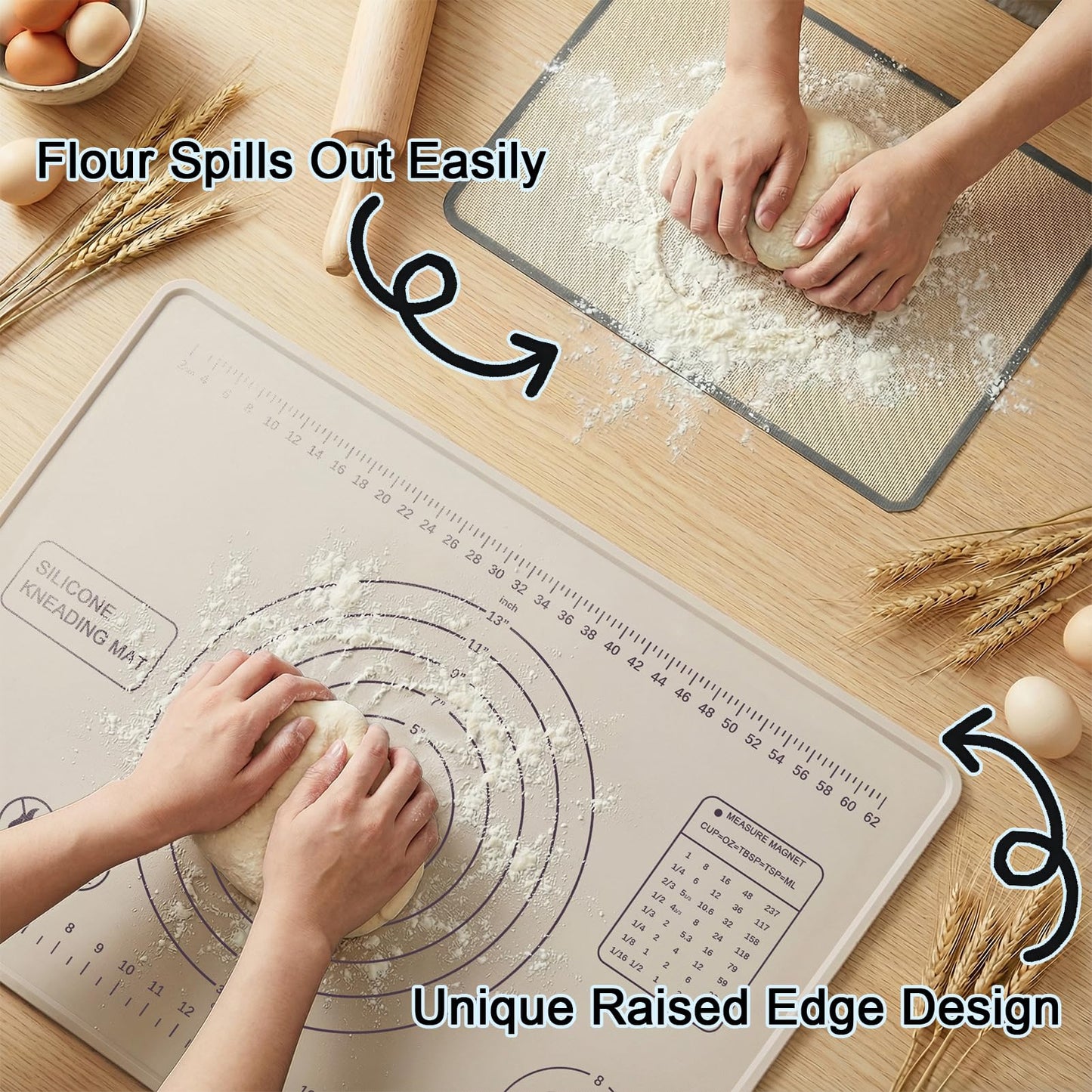 Silicone Pastry Mat 28" x 20" Extra Thick Silicone Baking Mat with Measurements and Edge Heightening Non-stick Food Grade Dough Rolling Mat Kneading Sheet for Pastry, Bread, Cookies (Beige)
