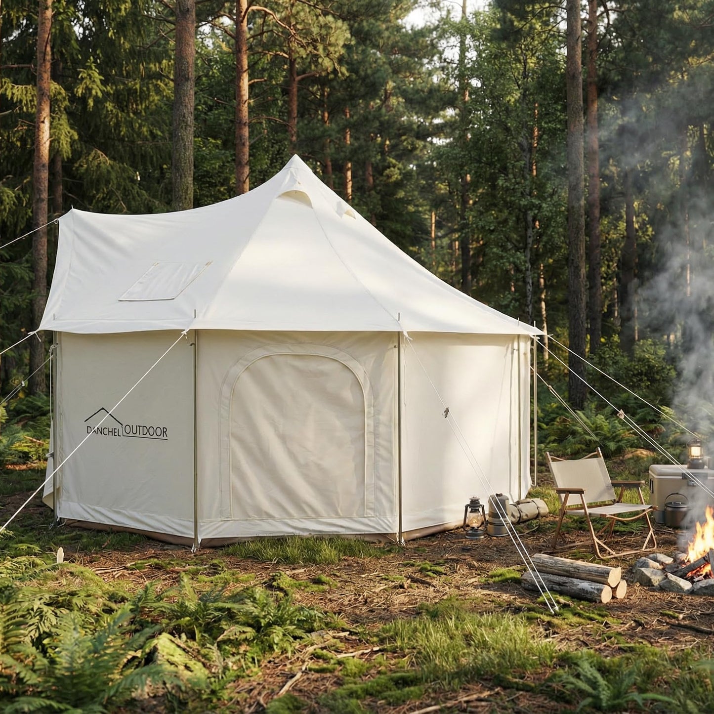 DANCHEL OUTDOOR B6 Luxury Glamping Wall Tent w/Stove Jack, No Center Pole, Higher Side Wall, 900D Flame Retardant Oxford for 4 Season 6-7 Person Family Yurt Cabin Glamping Camping,5m/16.4ft