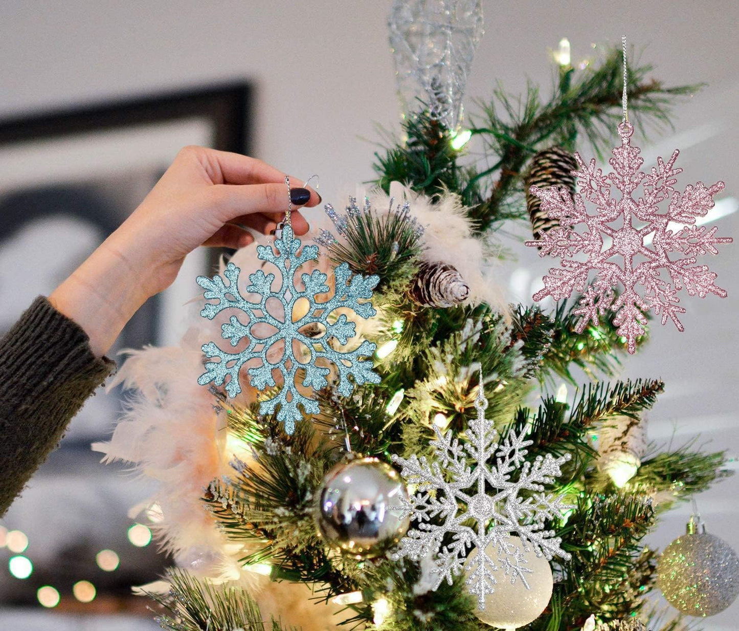DearHouse 36pcs Plastic Snowflake Ornaments, Tiny Sparkling Glitter Snowflake Decorations on String for Christmas Trees