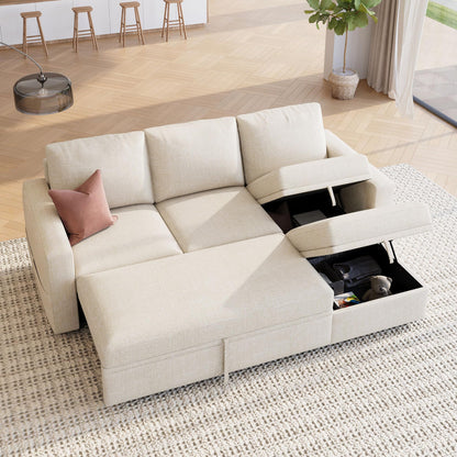 HONBAY Modular Sectional Sleeper Sofa with Pull Out Bed, L Shaped Couch with Storage Seat, Modular Sectional Couches for Living Room - Beige