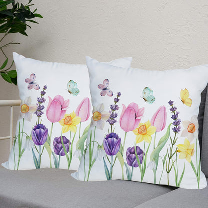 2 Pack Waterproof Spring Floral Pillow Covers, 16x16 Inch Pink Tulip Flower & Lavender Butterfly Outdoor Cushion Case