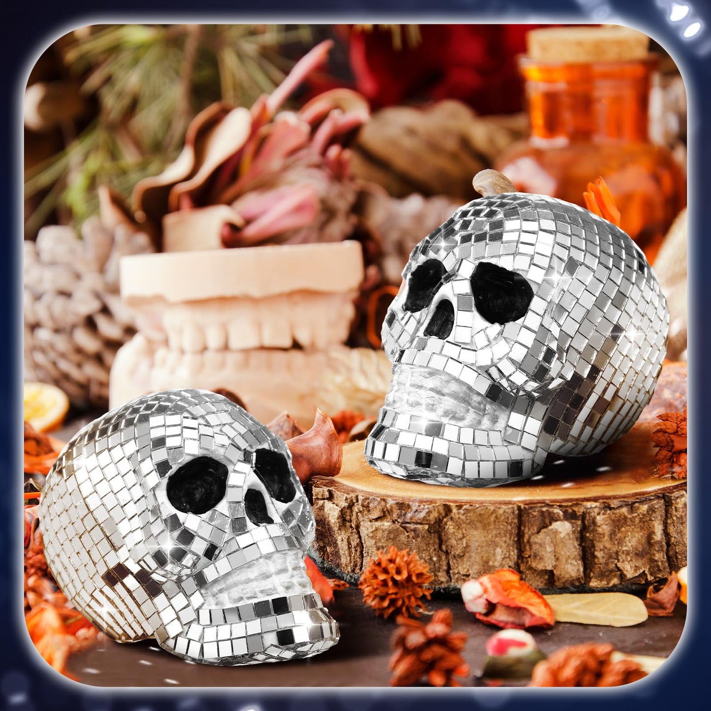 WinnerWhy 2 Pcs 3D Disco Halloween Decor Disco Halloween Skull Skeleton Head Status Mirror Ball Skull Tiered Tray Decor Home Table Centerpiece for Graveyard Indoor Outdoor Holiday