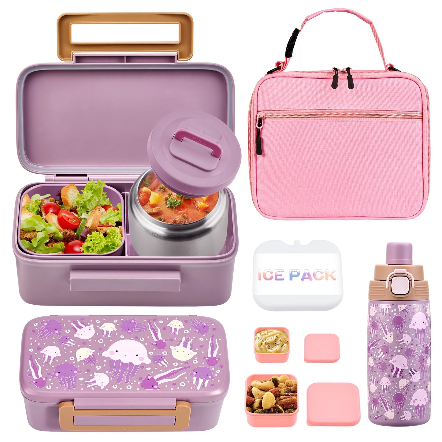 MAISON HUIS Bento Box for Kids with 8oz Soup Thermo, Insulated Lunch Bag & 17oz Water Bottle, 2-Compartment Bento Box with Built-In Ice Pack, Leak-Proof & BPA-Free