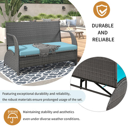Llsmnba 2-in-1 Outdoor Convertible Bench to Picnic Table, Loveseat Sofa Set with Cushions, Patio Dining Furniture Set, Blue Cushion